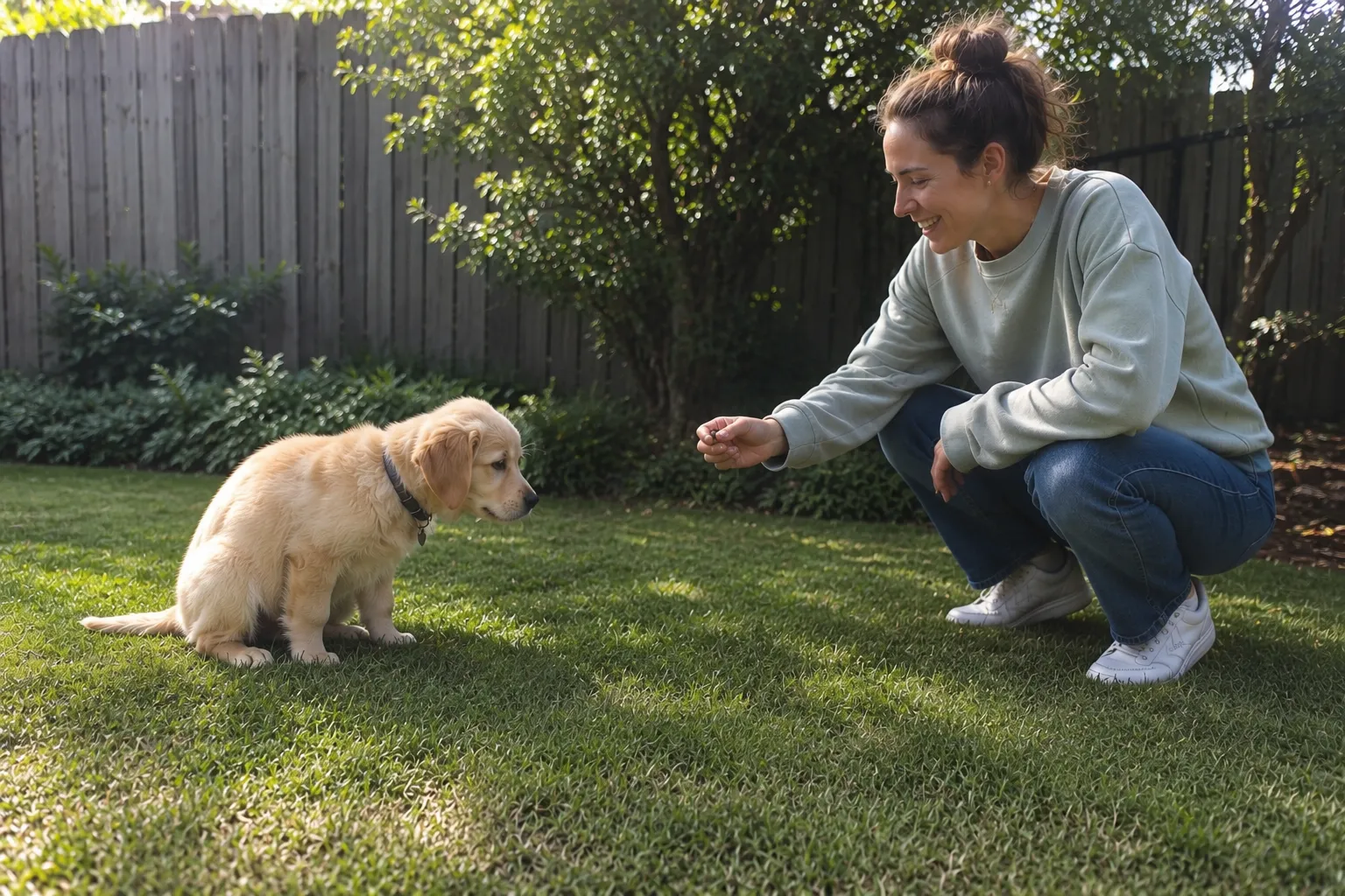 a small puppy mid-squat on grass in a tidy garden while an owner crouches a few feet away holding a treat and smiling encouragingly