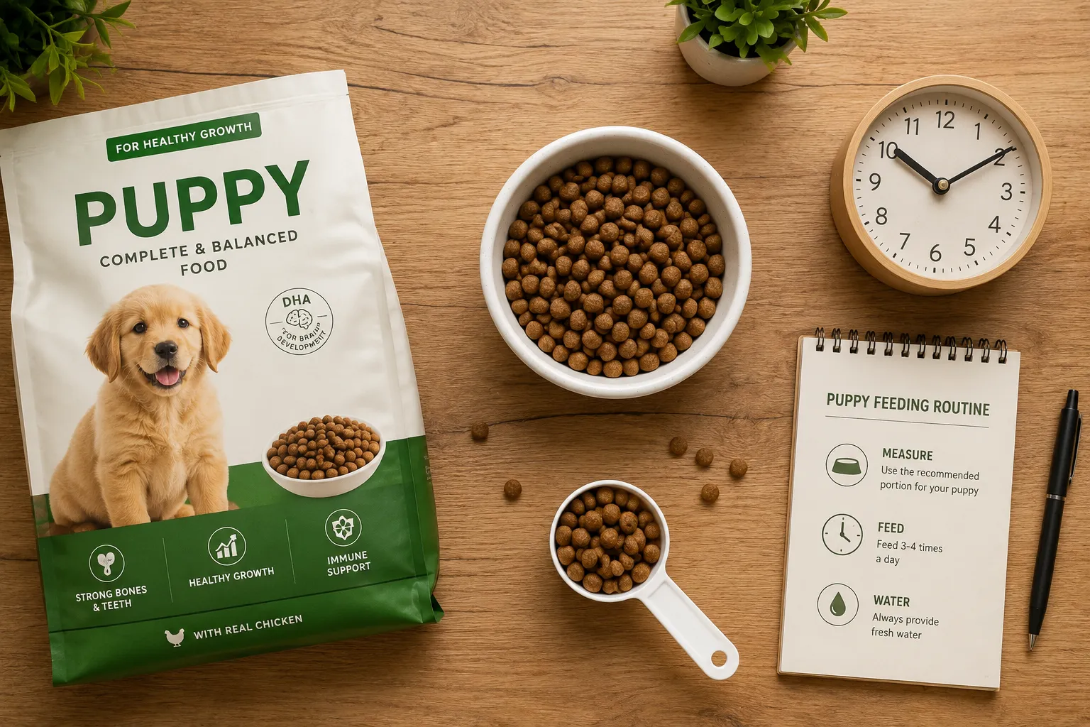 a flat-lay of a puppy feeding routine — a bowl, a scoop, a bag of puppy kibble and a small clock arranged neatly on a wooden table