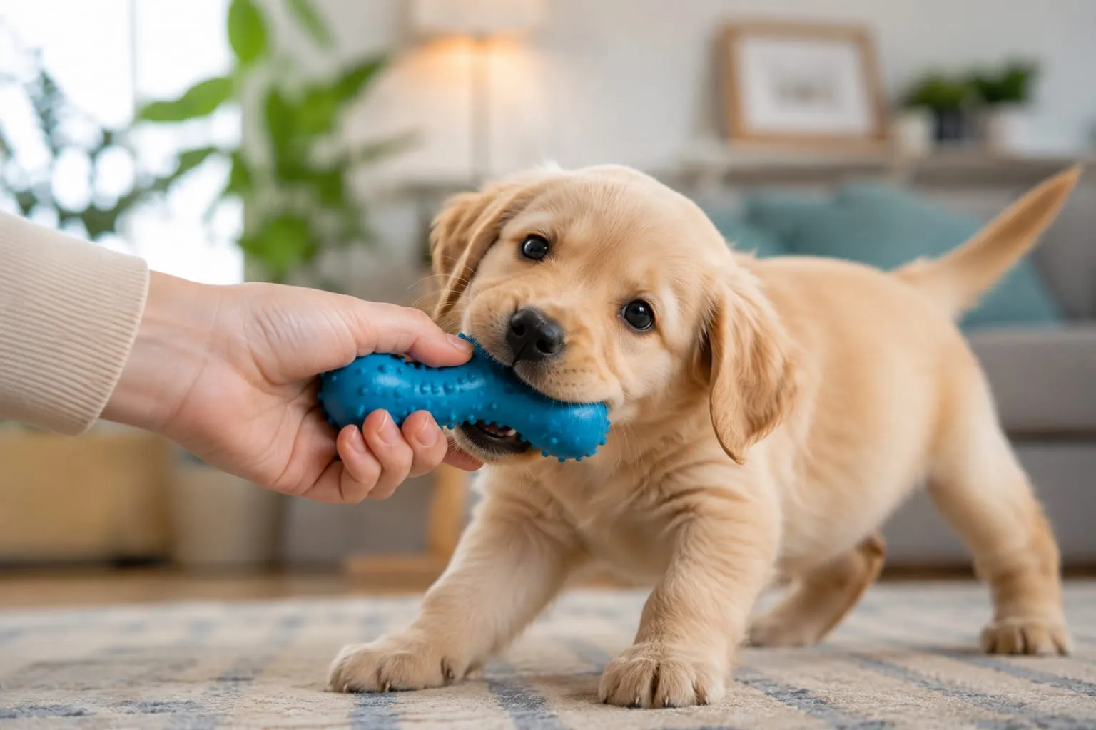 dog is playing with a rubber toy biting it and pulling it