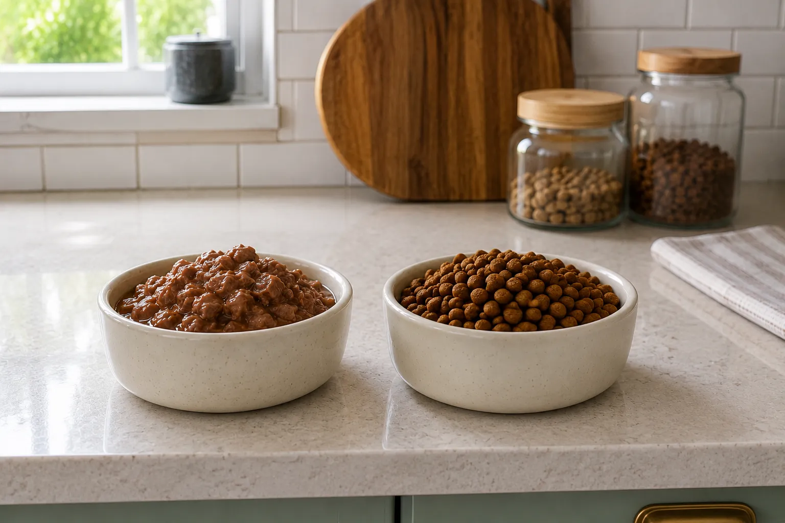two small pet bowls side by side on a clean kitchen counter, one with wet cat food and one with dry kibble