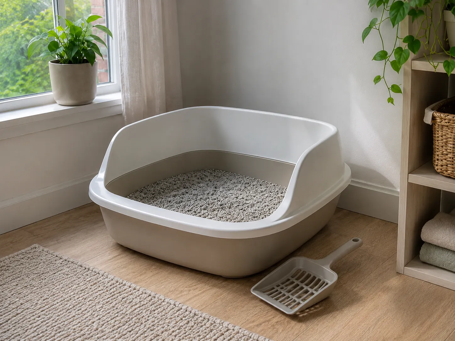 a clean uncovered litter box in a quiet corner of a tidy home, a litter scoop resting beside it, soft daylight, calm and hygienic, no cat in frame, editorial lifestyle style