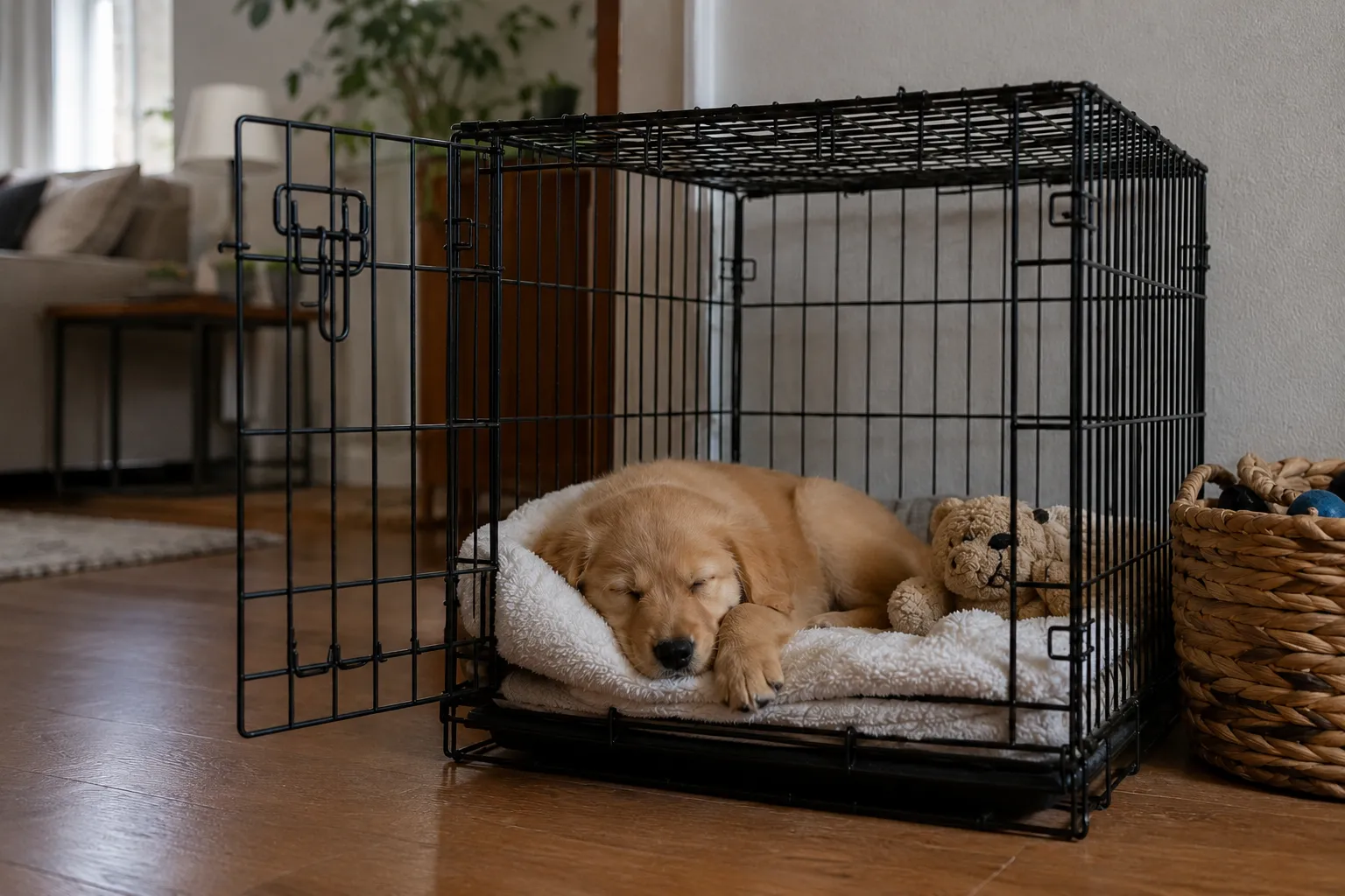 a golden retriver sleeping peacefully in his cage 