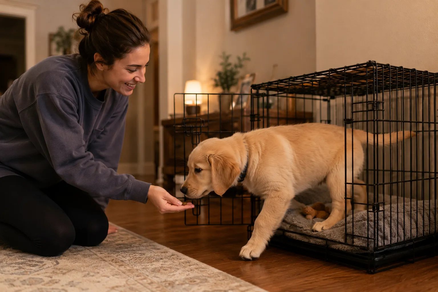 a dog is coming out of the house while a girl giving him food