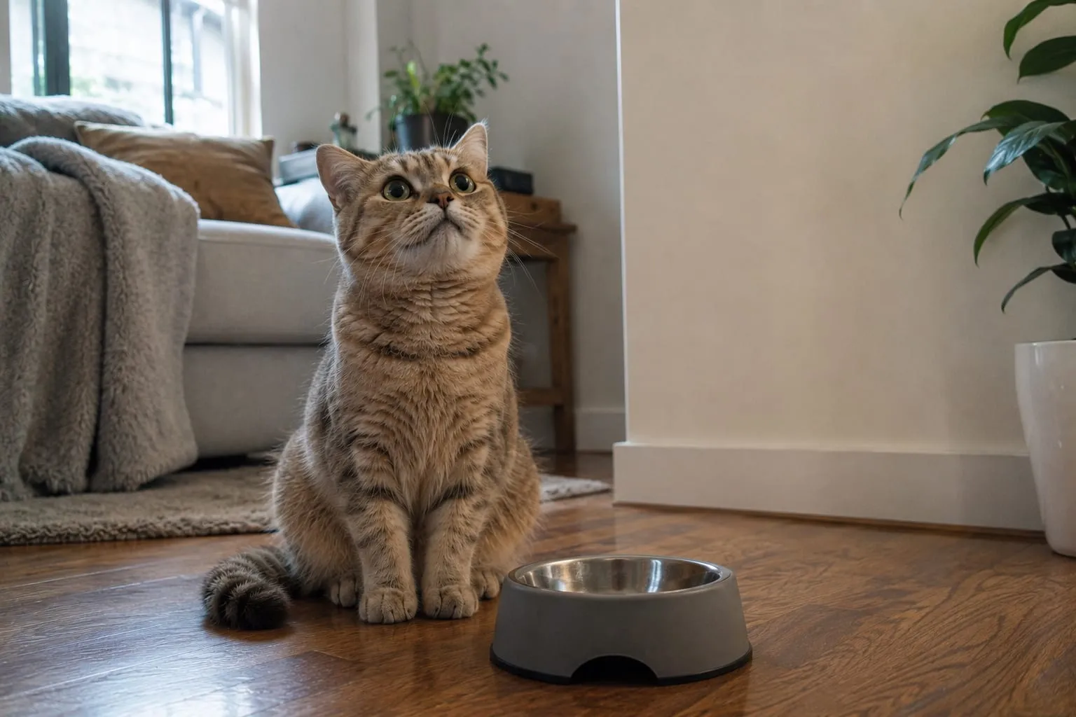 a cat standing near a food bowl can looking upwards