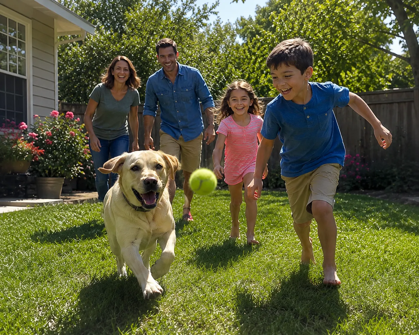 dog playing catch with family in gardern with kids boy and girl  