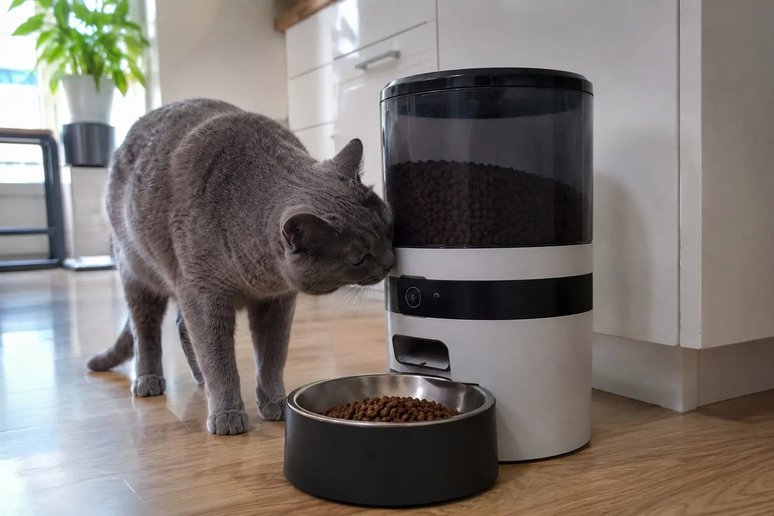 gray cat eating from a black automatic feeder for cats