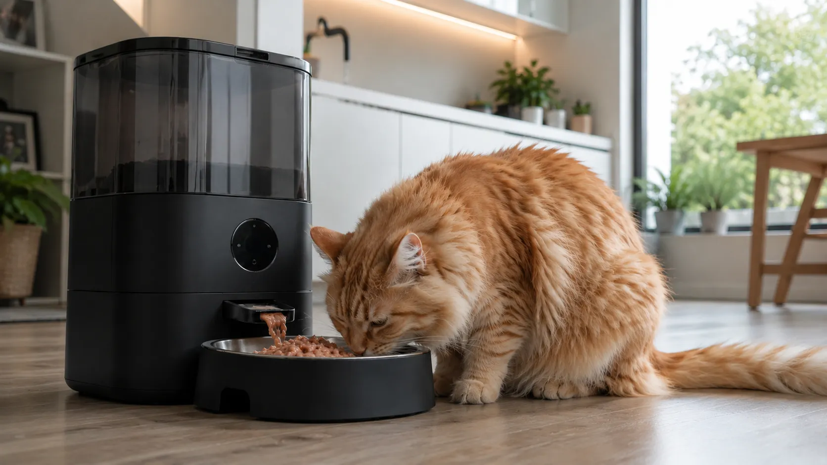An automatic cat feeder dispensing fresh wet food