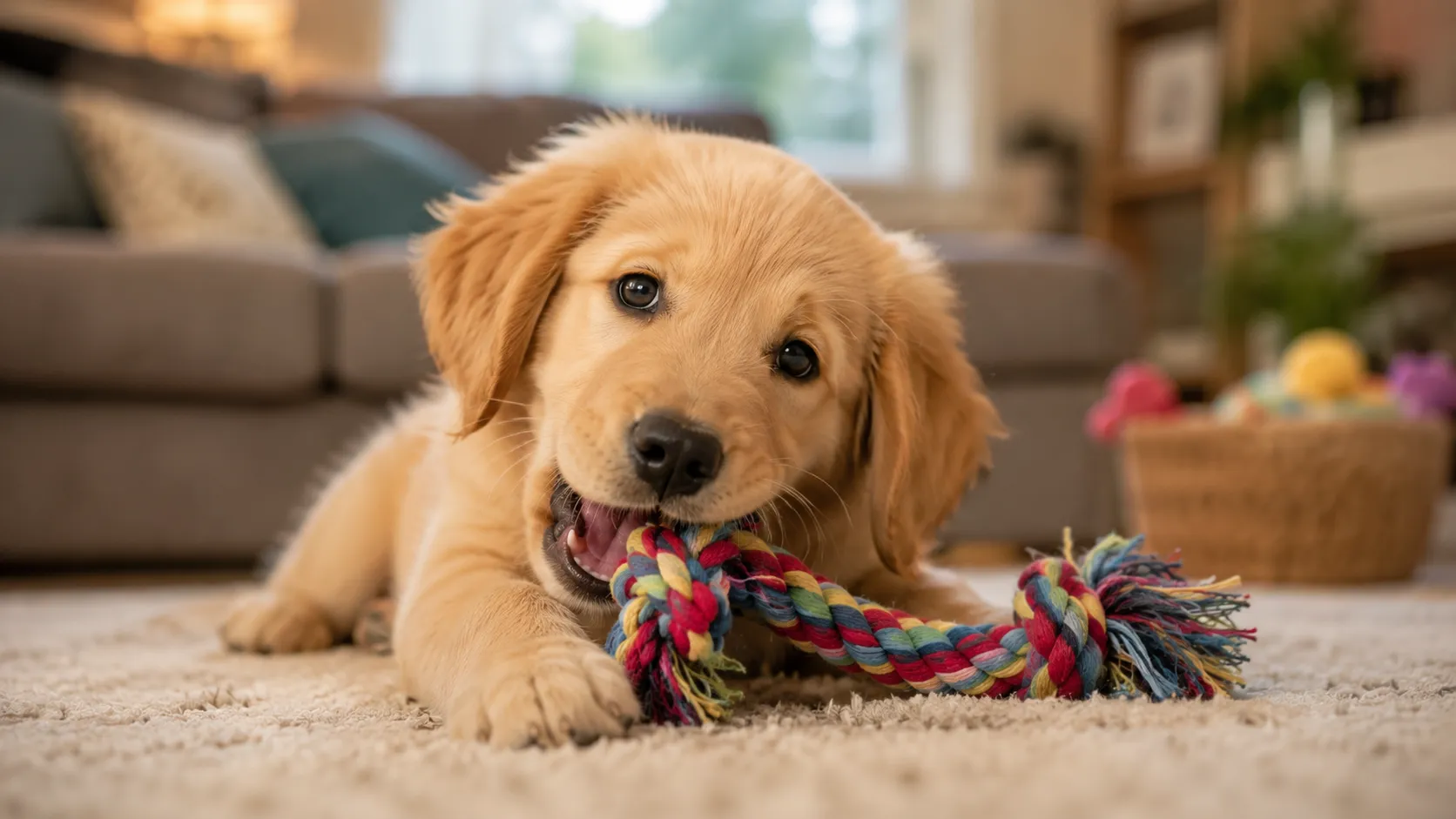 A playful puppy chewing on a teething toy