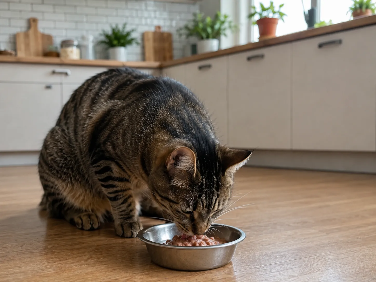 a healthy adult cat sitting beside a small bowl of food in a clean modern kitchen, a bag of cat food and a measuring scoop softly out of focus in the background, warm natural light, wholesome lifestyle photo