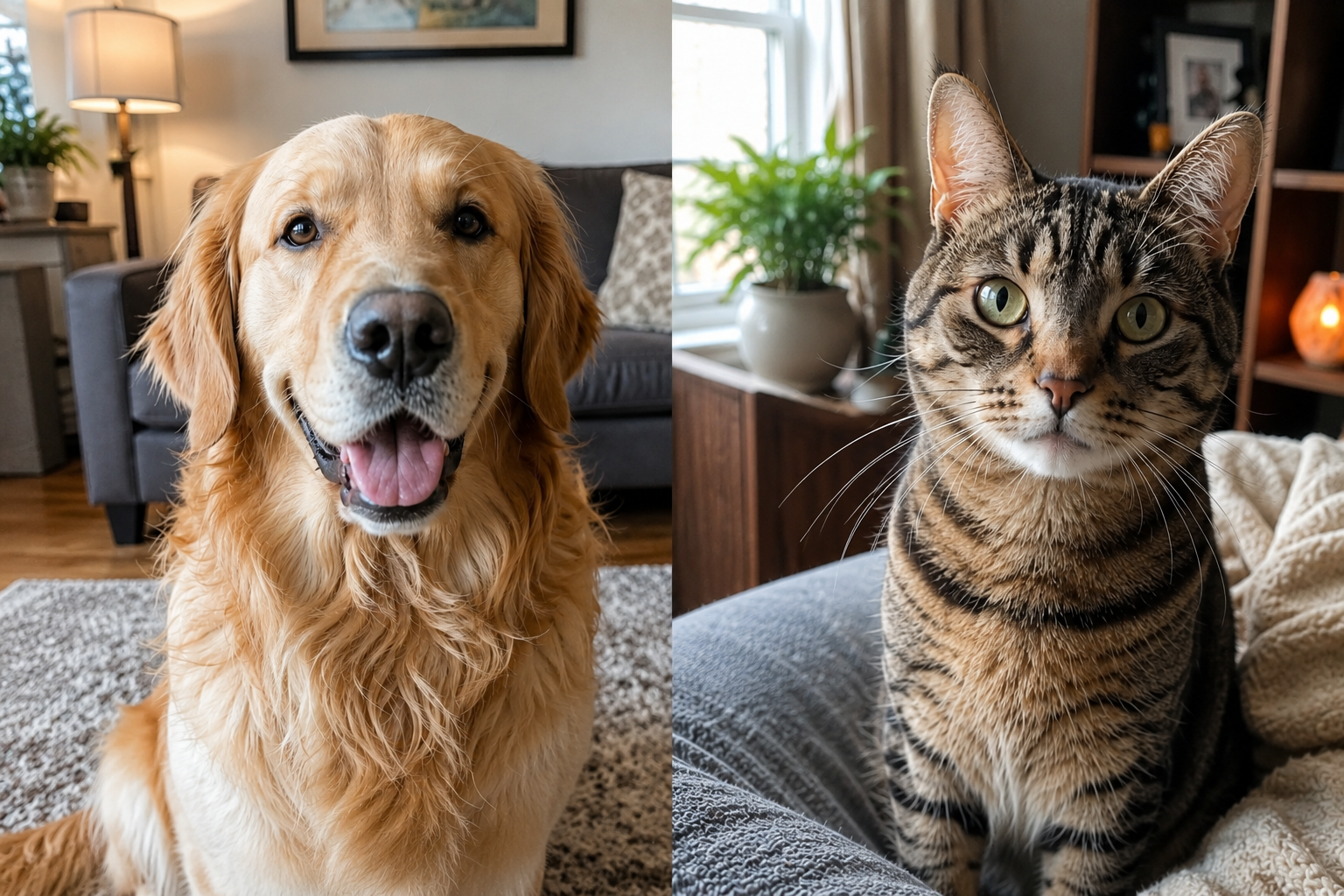 Golden retriever and tabby cat side by side looking at the camera — dog vs cat comparison