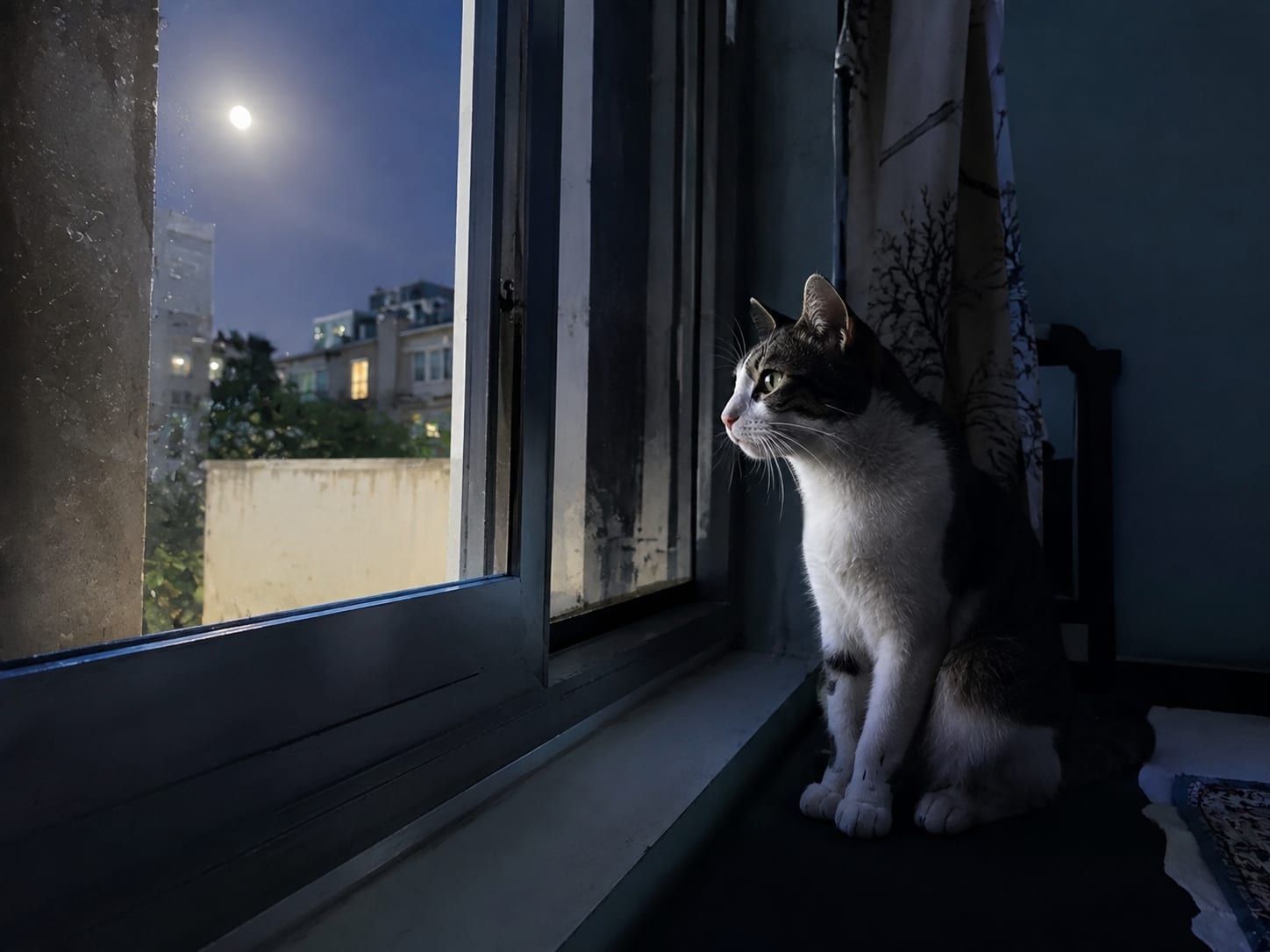 A cat sitting alert on a windowsill at night in a dark room lit by moonlight