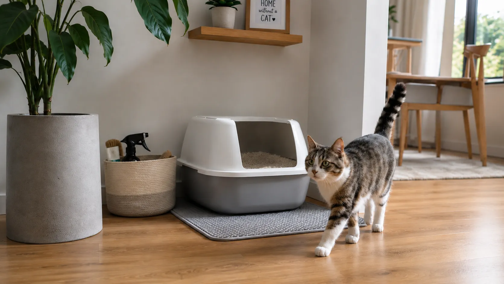 can with litter box near cat food in a house a mordern house