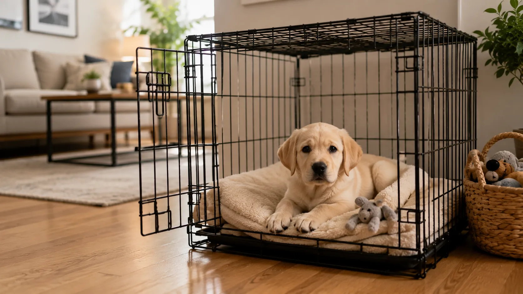 a labrador dog in his crate with gate wide open