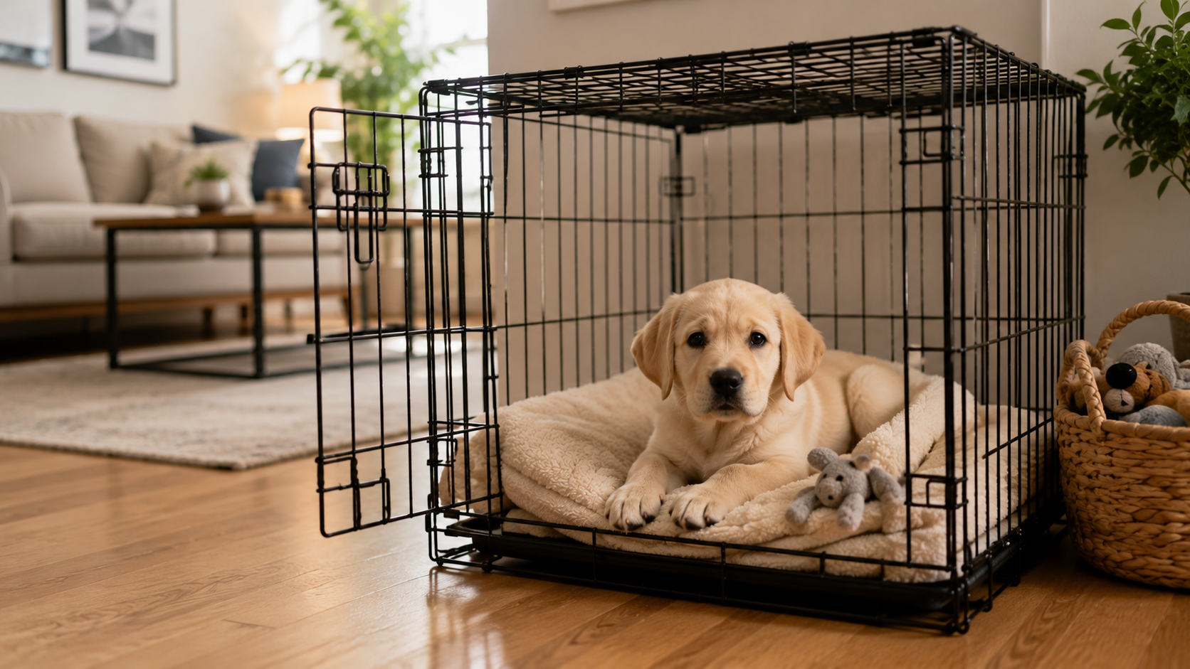 a labrador dog in his crate with gate wide open