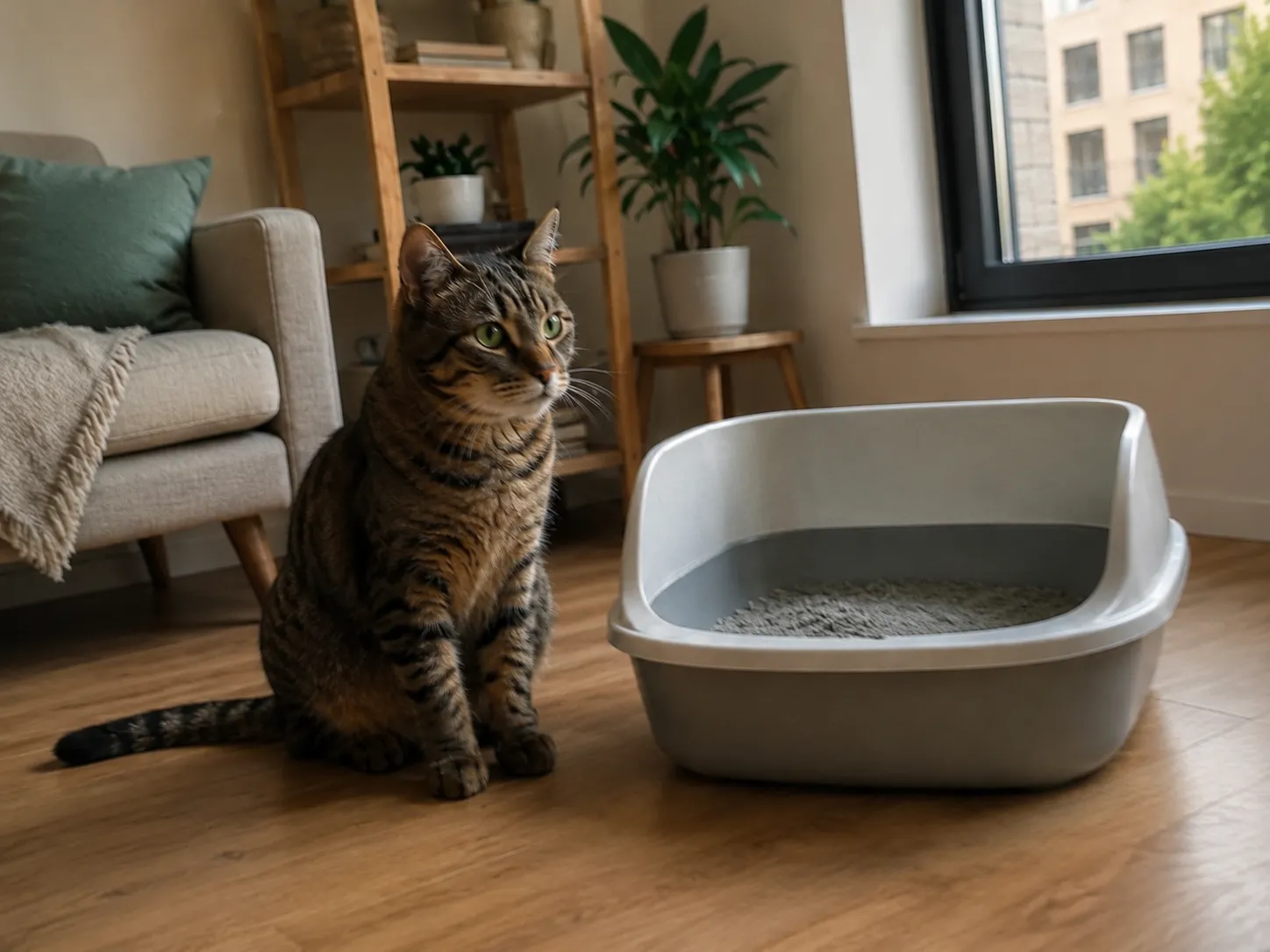 a thoughtful tabby cat sitting on a wooden floor next to a clean modern litter box in a bright apartment, soft natural window light, cozy minimalist interior, slightly worried cat expression, lifestyle photo