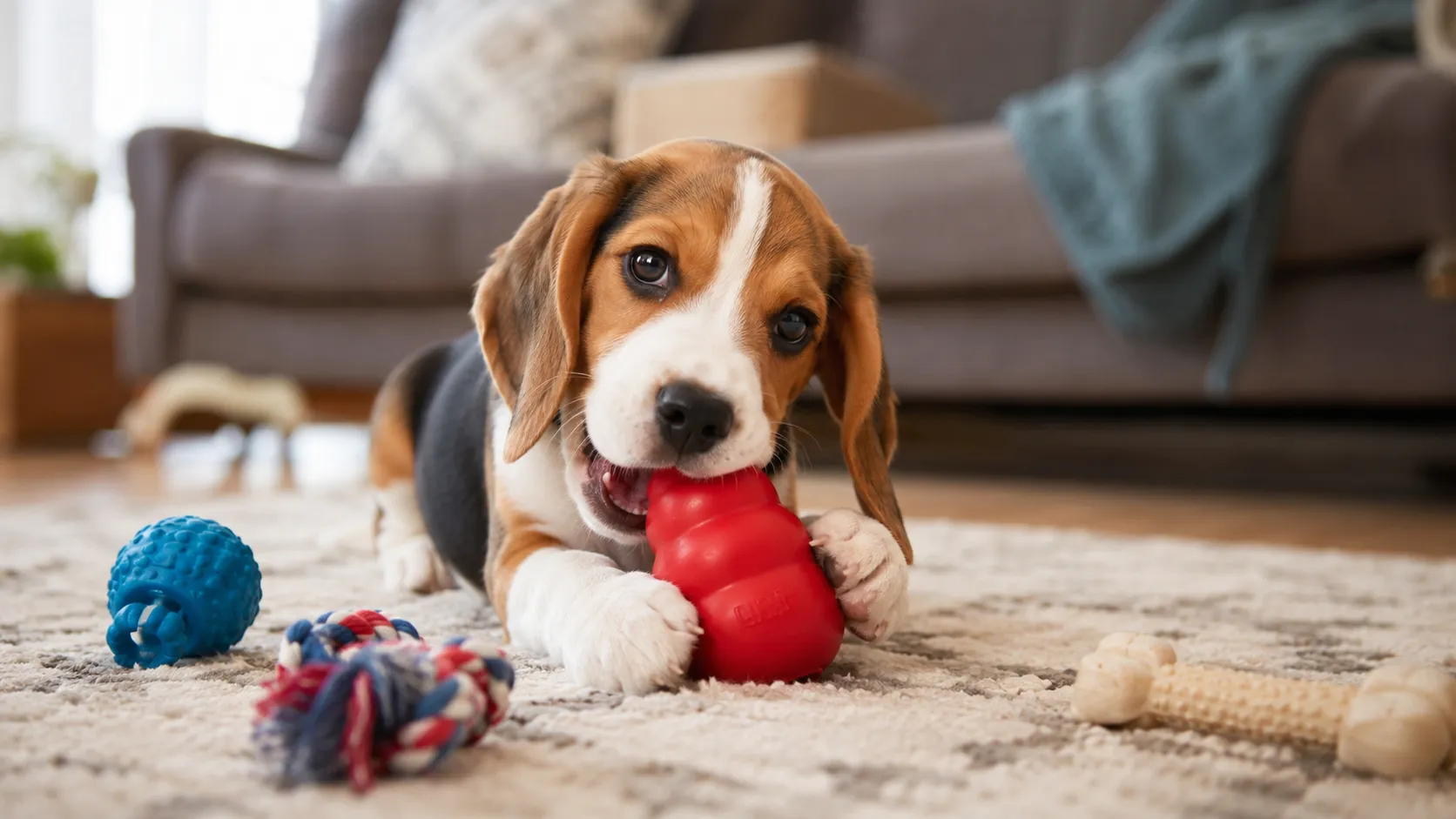 cat dog chewing a red rubber toy near a sofa with a red toy and a rope near