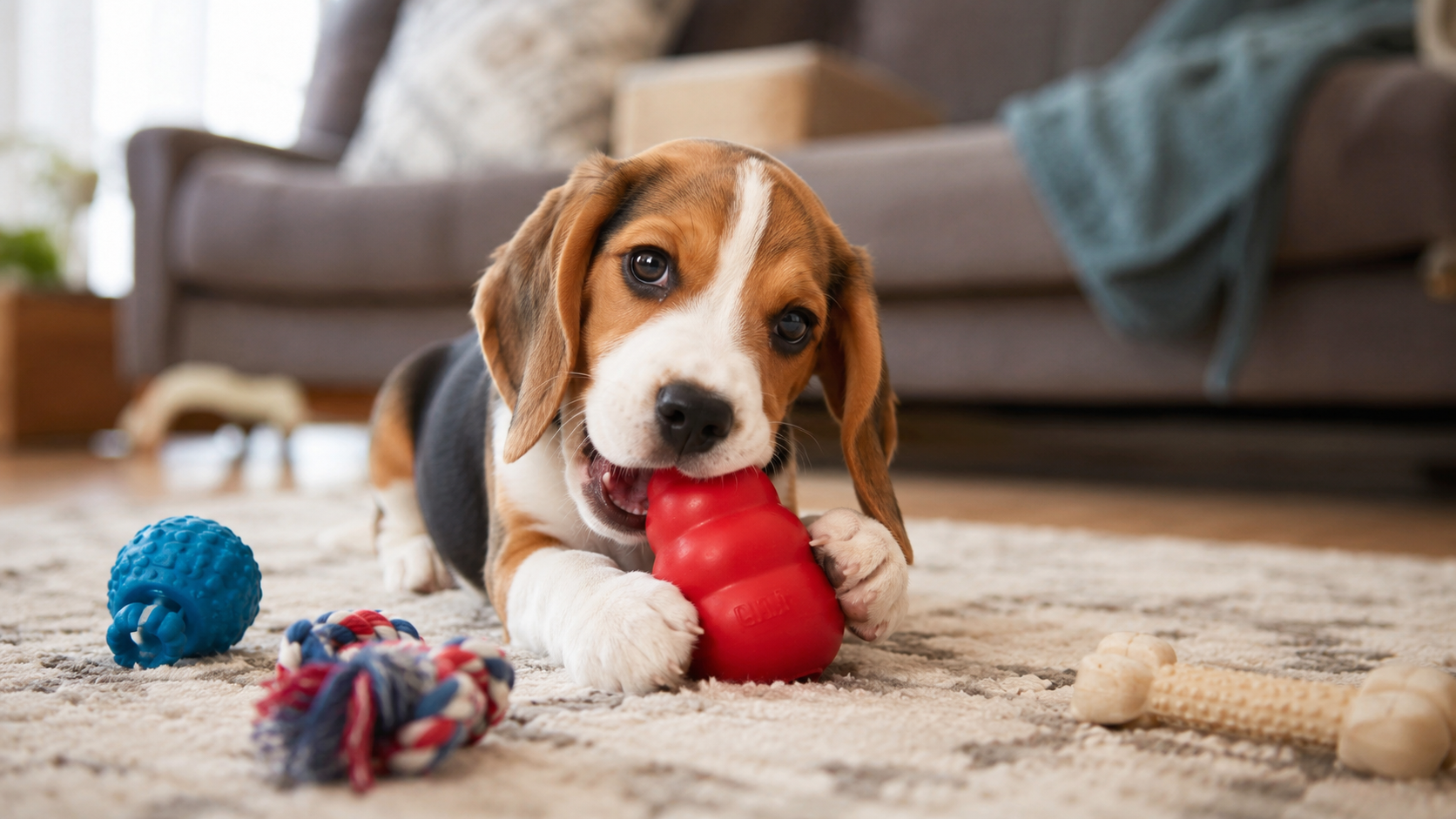 cat dog chewing a red rubber toy near a sofa with a red toy and a rope near