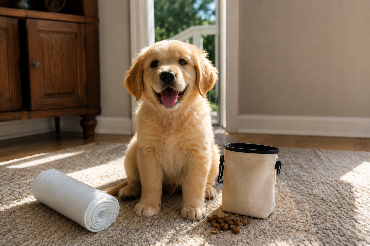 a cheerful golden retriever puppy sitting proudly on a green backyard lawn beside an open patio door, morning light, a rolled-up potty-training pad and a treat pouch nearby, warm and clean home-and-garden style, shallow depth of field