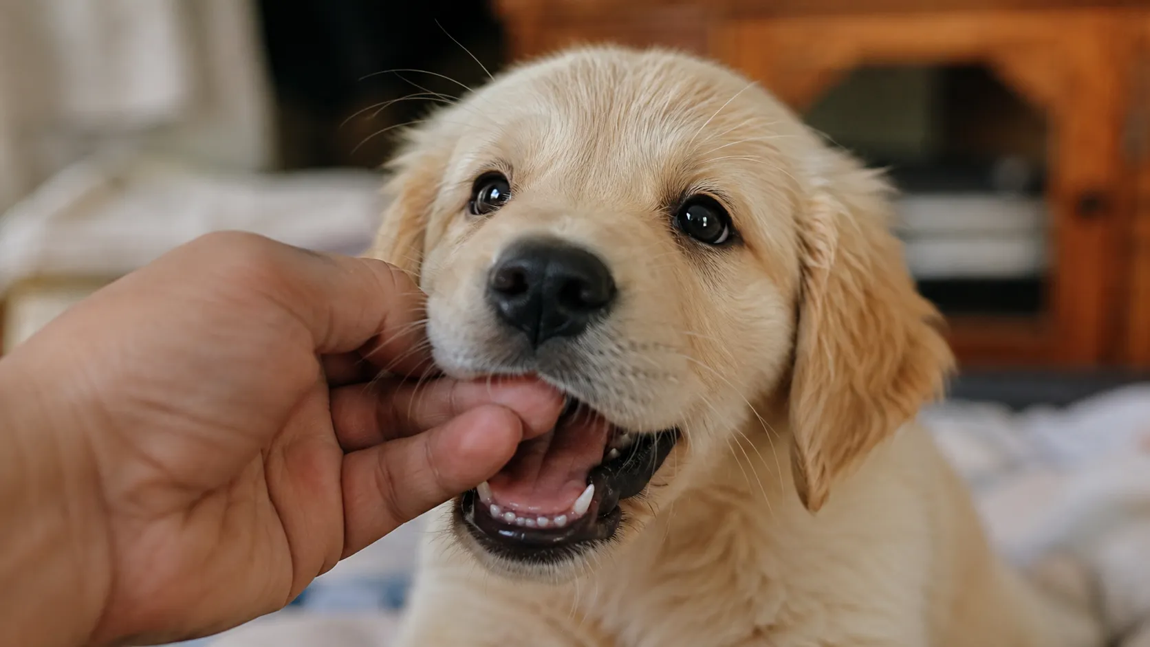 A golden retriever puppy gently mouthing a person's hand, showing its small needle-sharp puppy teeth