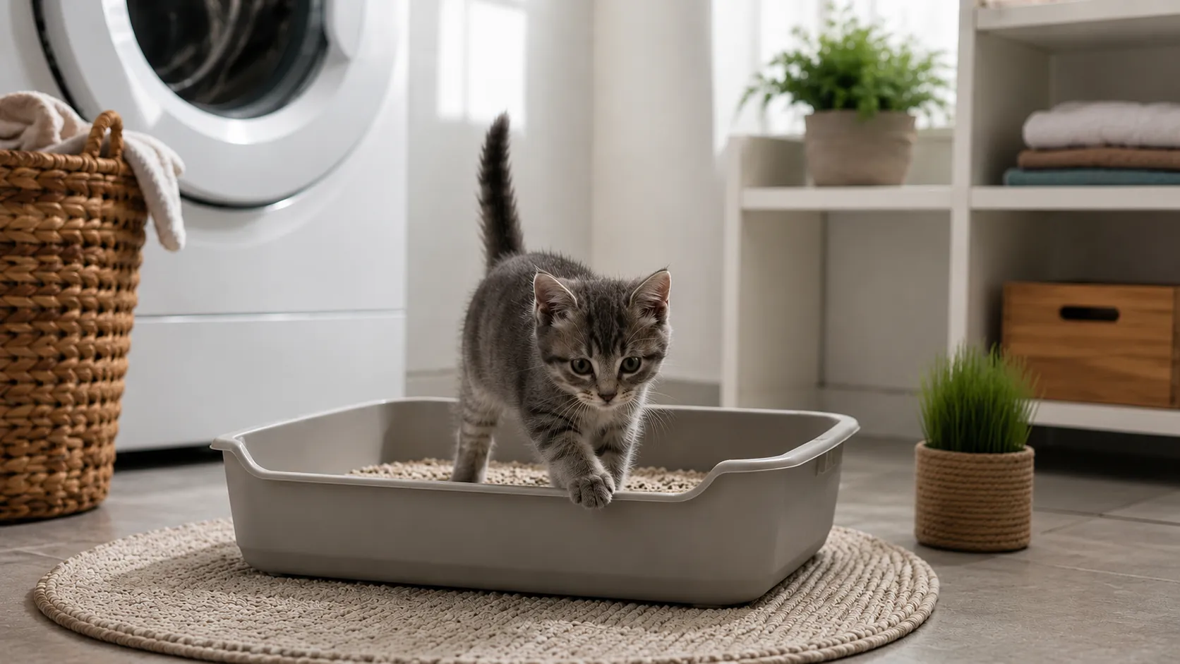 a cat coming out of his litter box and he is happy