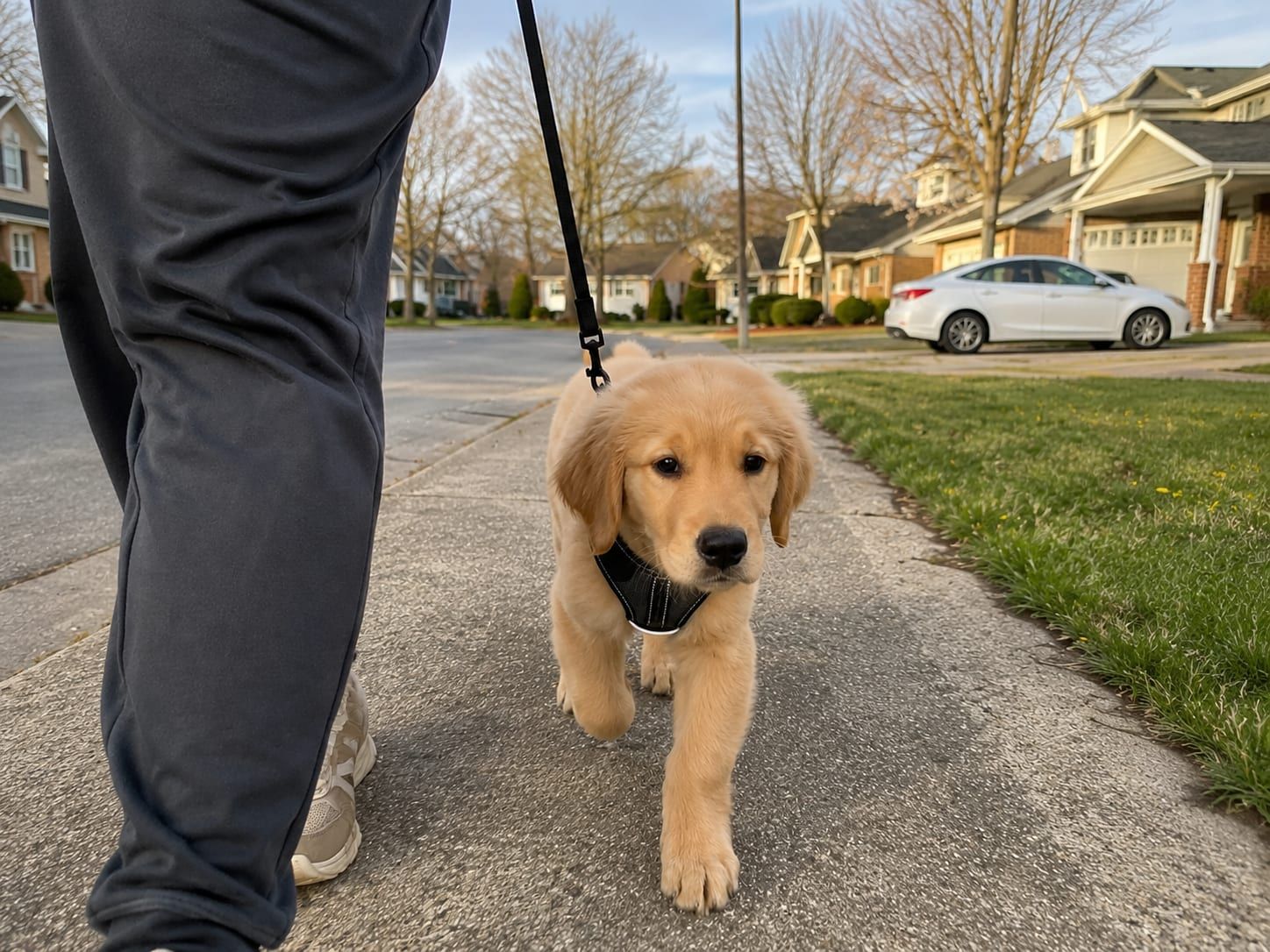 A puppy in a harness walking on a loose lead beside a persons leg on a quiet pavement