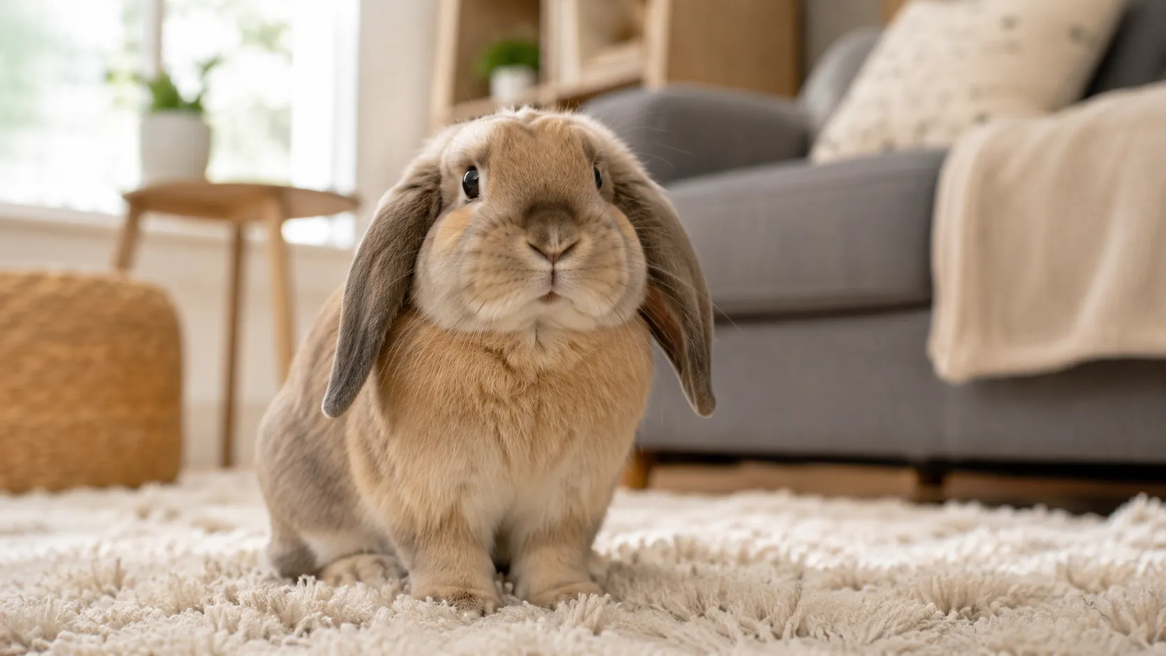 A curious pet rabbit sitting on a rug