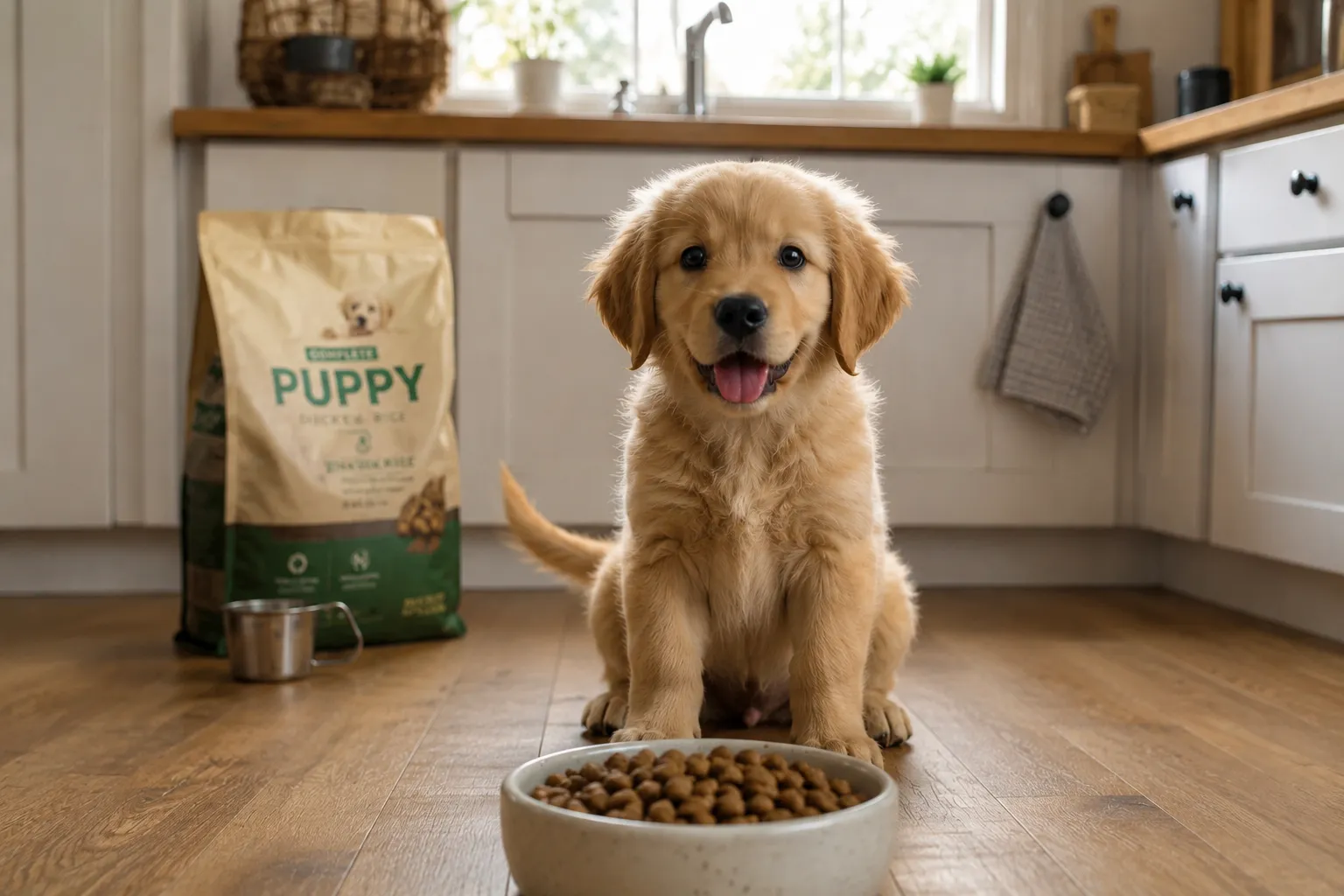an adorable puppy sitting patiently in front of a food bowl in a cozy kitchen, tail mid-wag, a bag of puppy food and a measuring cup softly blurred in the background, warm morning light, heartwarming lifestyle photo