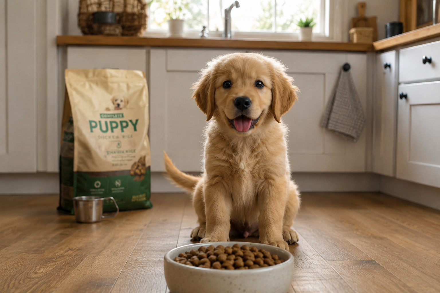 an adorable puppy sitting patiently in front of a food bowl in a cozy kitchen, tail mid-wag, a bag of puppy food and a measuring cup softly blurred in the background, warm morning light, heartwarming lifestyle photo