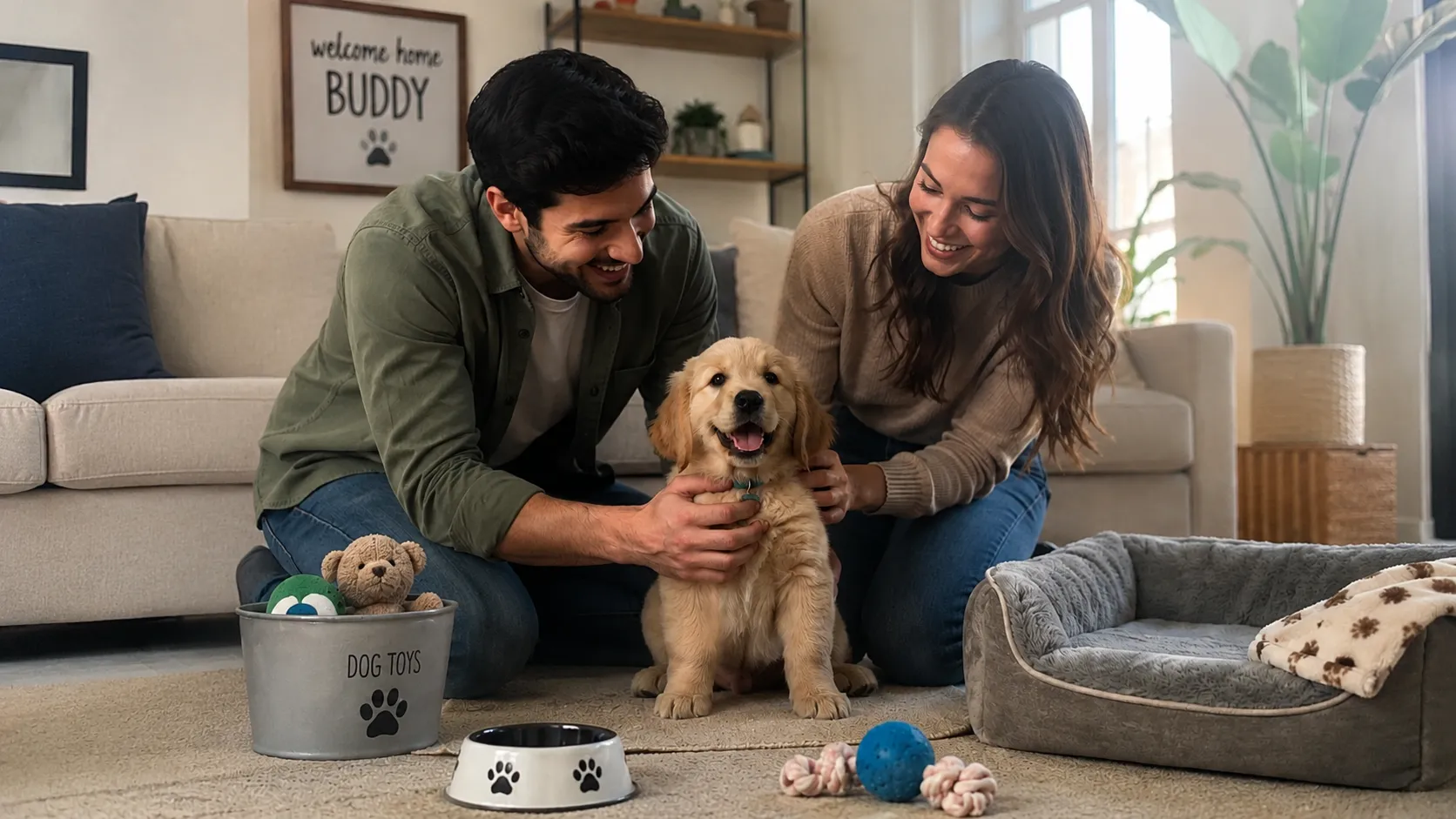 a dog with a man and a girl witth his food right to him