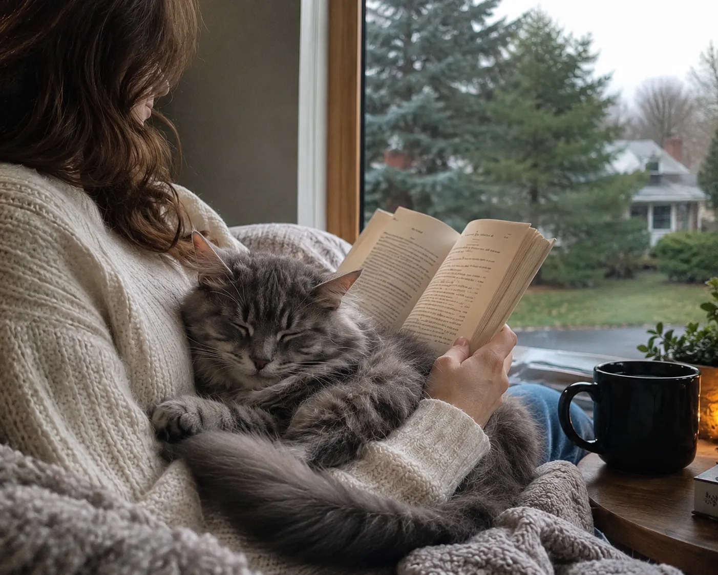 a woman reading a book on the sofa with her cat curled up beside her
